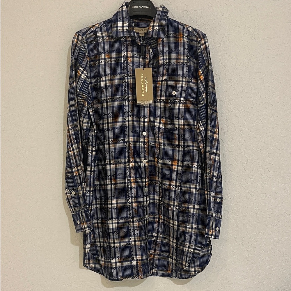 Burberry Navy and White Plaid Button-Down Shirt Size US4